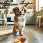 A dog with a bowl of honey